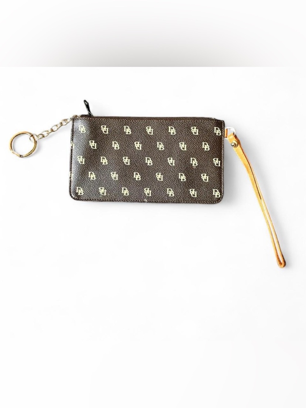 Dooney & Bourke Signature DB Monogram Wristlet Pouch Keyring Dark Brown 7.5x4